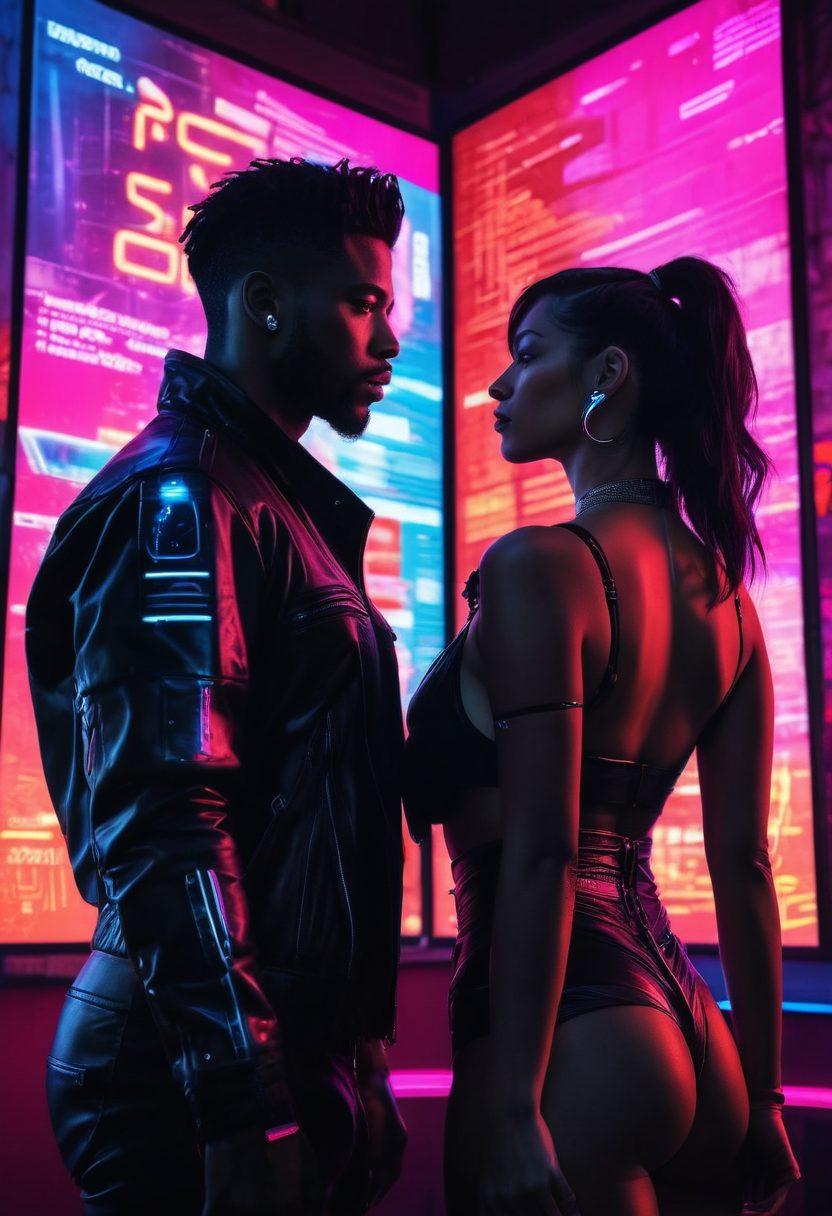 A visually striking montage of various adult entertainment trends, featuring silhouettes of diverse couples, vibrant neon lights, and digital screens showcasing reviews. The scene should evoke a sense of exploration and insight, with an abstract representation of data charts and trending topics in the background. Incorporate elements like a magnifying glass symbolizing insights and a tablet with reviews, blending a modern and dynamic aesthetic. cyberpunk. vibrant colors. high contrast.